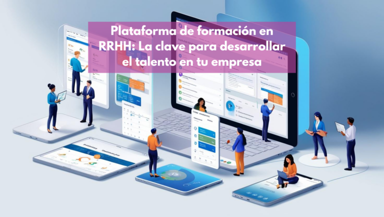 Ilustración de una plataforma de formación en RRHH, mostrando una interfaz digital con empleados accediendo a cursos y evaluaciones.