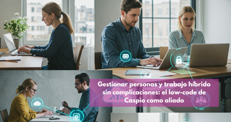 Representación gráfica de equipos de personas trabajando de forma híbrida, mediante aplicaciones en la nube, con conexiones entre ellas.