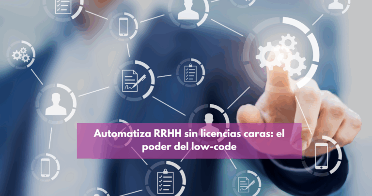 Ilustración de un engranaje con el logo de low-code y elementos de RRHH, simbolizando la automatización y eficiencia en la gestión del talento.