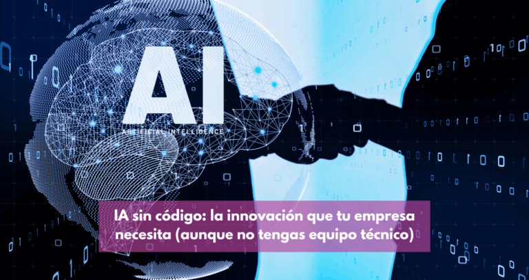 Ilustración de un cerebro digital con engranajes interconectados, simbolizando la inteligencia artificial y la automatización de procesos, sobre un fondo tecnológico que representa la innovación y la digitalización empresarial sin necesidad de código.