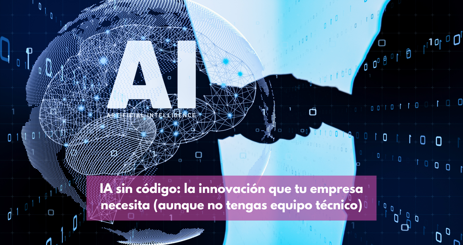 Ilustración de un cerebro digital con engranajes interconectados, simbolizando la inteligencia artificial y la automatización de procesos, sobre un fondo tecnológico que representa la innovación y la digitalización empresarial sin necesidad de código.