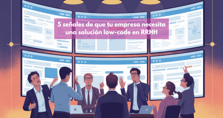 Ilustración de un equipo de RRHH moderno y conectado, utilizando una plataforma low-code para la gestión de talento, simbolizando eficiencia y autonomía.