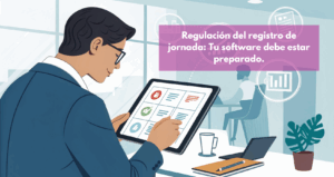 Ilustración de un profesional de recursos humanos utilizando una tablet o un panel digital de Apptitudinal para gestionar el registro de jornada, con iconos que simbolizan la trazabilidad, el cumplimiento legal y la inspección remota.