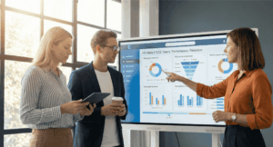 Dashboard interactivo de Recursos Humanos en una tablet mostrando gráficos de rotación, clima laboral y desempeño, utilizado por un profesional en una oficina moderna.