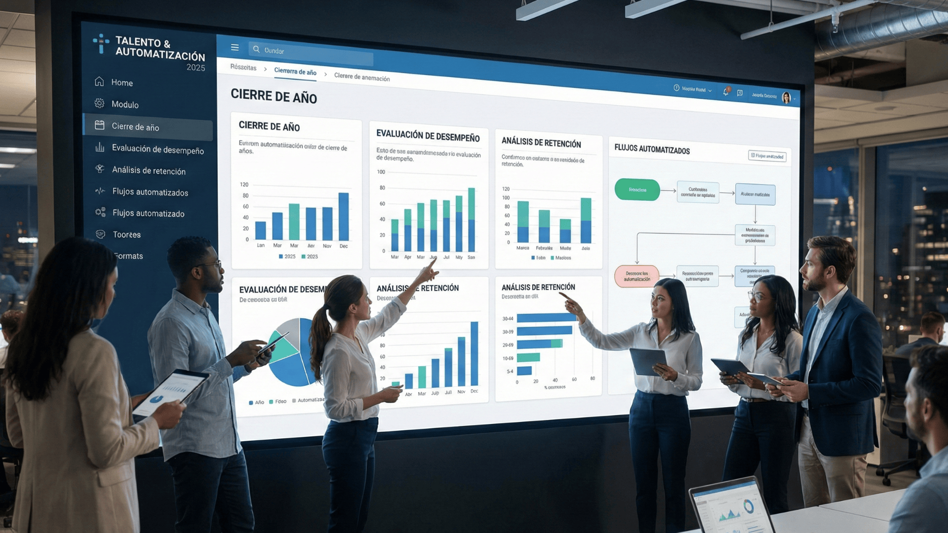 Equipo de recursos humanos analizando datos en una pantalla con software personalizado de gesti&oacute;n de talento y automatizaci&oacute;n de procesos para el cierre de a&ntilde;o.
