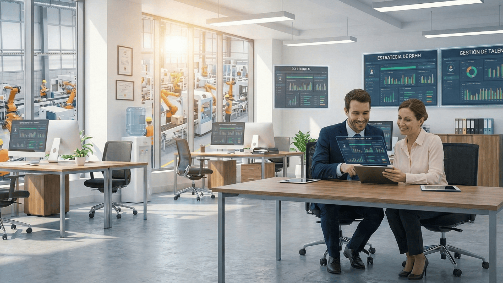 Planta industrial moderna con profesionales revisando datos de gesti&oacute;n de personal y turnos en una tablet, ilustrando la digitalizaci&oacute;n de RRHH en entornos fabriles.