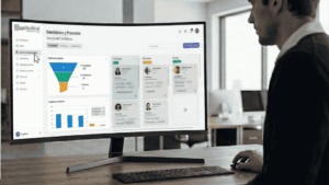 Interfaz digital moderna mostrando un panel de control de gestión de candidatos y procesos de selección de talento, con gráficos de pipeline y perfiles organizados, representando la tecnología low-code de Apptitudinal.