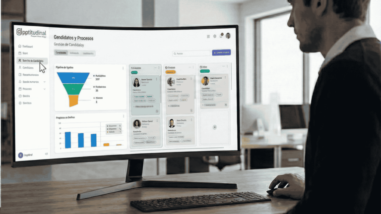 Interfaz digital moderna mostrando un panel de control de gestión de candidatos y procesos de selección de talento, con gráficos de pipeline y perfiles organizados, representando la tecnología low-code de Apptitudinal.