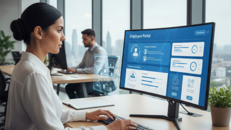 Una profesional de Recursos Humanos gestionando un portal del empleado intuitivo y personalizado, rodeado de un entorno de trabajo digital eficiente.