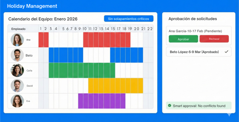 Interfaz de software de gestión de vacaciones a medida de Apptitudinal mostrando calendario de equipo y panel de aprobación de solicitudes sin solapamientos.