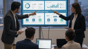 Un equipo vestido de bussines sport revisando y analizando un dashboard profesional de gestión de recursos humanos mostrando analíticas de talento y procesos automatizados mediante tecnología low-code.