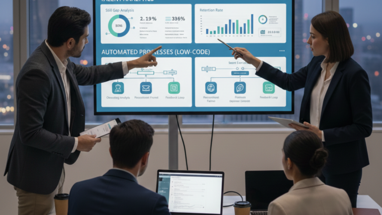 Un equipo vestido de bussines sport revisando y analizando un dashboard profesional de gestión de recursos humanos mostrando analíticas de talento y procesos automatizados mediante tecnología low-code.
