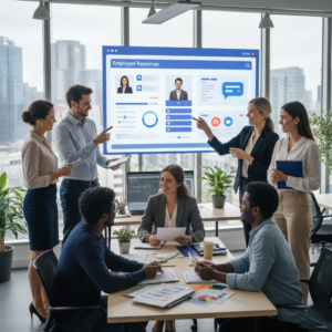 Equipo de recursos humanos colaborando de forma cercana con empleados/as utilizando una plataforma digital personalizada y eficiente.