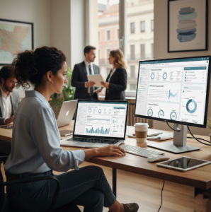 Un profesional de Recursos Humanos analizando un panel de control personalizado con métricas y KPIs estratégicos sobre una plataforma digital flexible. En una oficina española y con una doble pantalla, con un portatil y una pantalla anexa, que se vea real