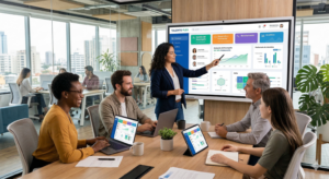 Equipo de profesionales de RRHH colaborando en una oficina moderna utilizando una plataforma digital personalizada y flexible de gestión de talento.