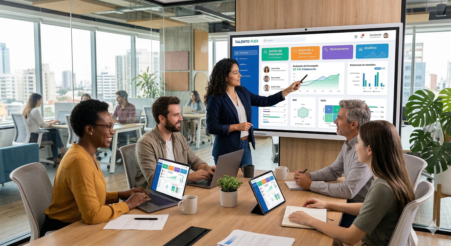 Equipo de profesionales de RRHH colaborando en una oficina moderna utilizando una plataforma digital personalizada y flexible de gesti&oacute;n de talento.