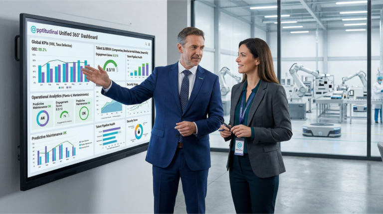 Un plano medio-corto de un/a CEO y un/a Director/a de RRHH, ambos con ropa ejecutiva profesional del sector industrial, parados frente a una gran pantalla táctil que muestra un Dashboard 360° unificado de Apptitudinal. No están "saltando entre pestañas", sino analizando datos estratégicos integrales. Sus expresiones son de confianza y control. El fondo muestra una fábrica inteligente y limpia, visible a través de un ventanal, conectando la gestión con la operación.