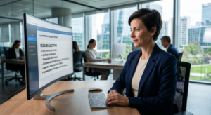 Una Directora de RR.HH. en un entorno de oficina moderno y profesional, mirando con confianza una pantalla donde se aprecia un "Resumen Ejecutivo" generado por IA (texto breve con puntos clave).