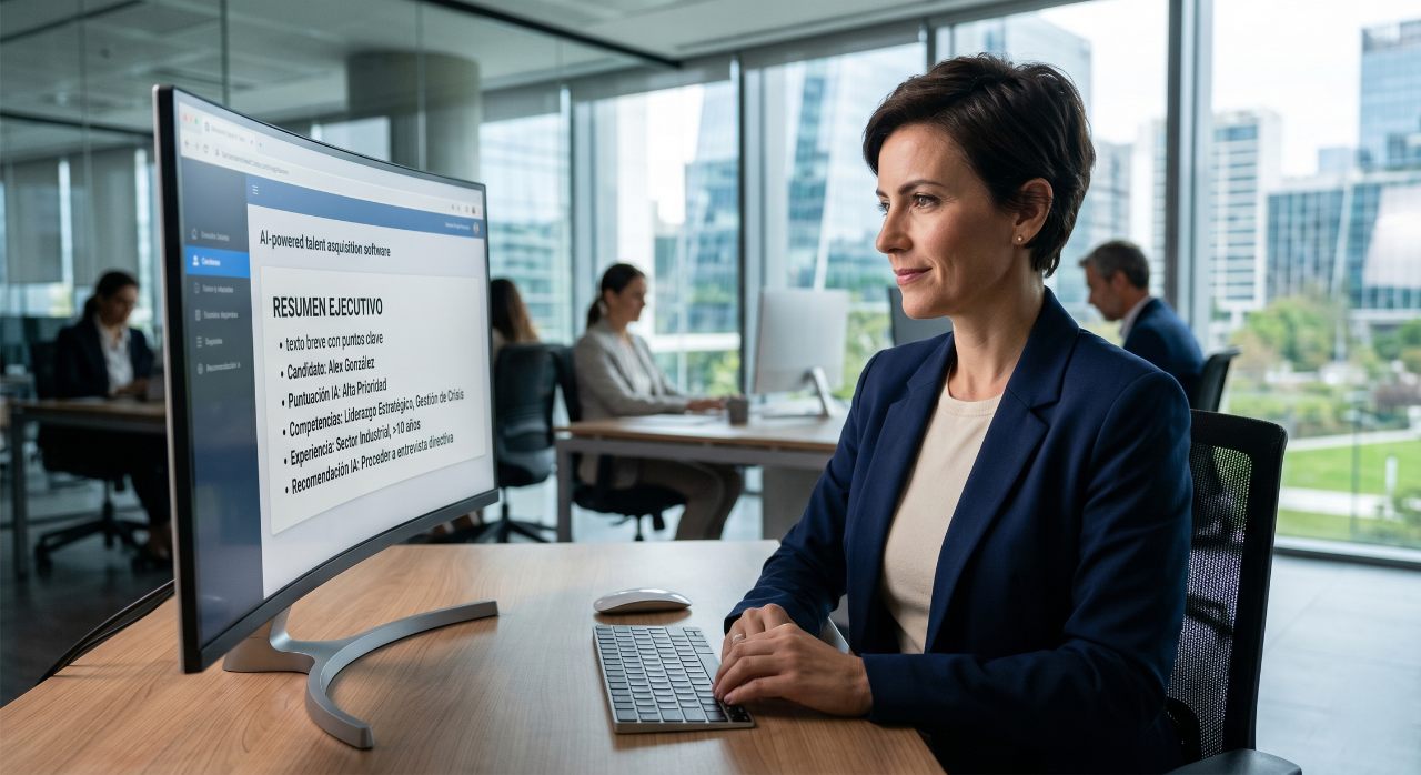 Una Directora de RR.HH. en un entorno de oficina moderno y profesional, mirando con confianza una pantalla donde se aprecia un "Resumen Ejecutivo" generado por IA (texto breve con puntos clave).