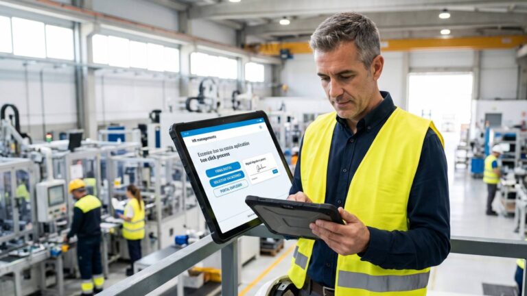 n/a responsable de planta o director/a de RRHH con vestimenta profesional técnica (por ejemplo, una camisa ejecutiva y un chaleco de alta visibilidad o en un entorno de taller moderno) sosteniendo una tablet.