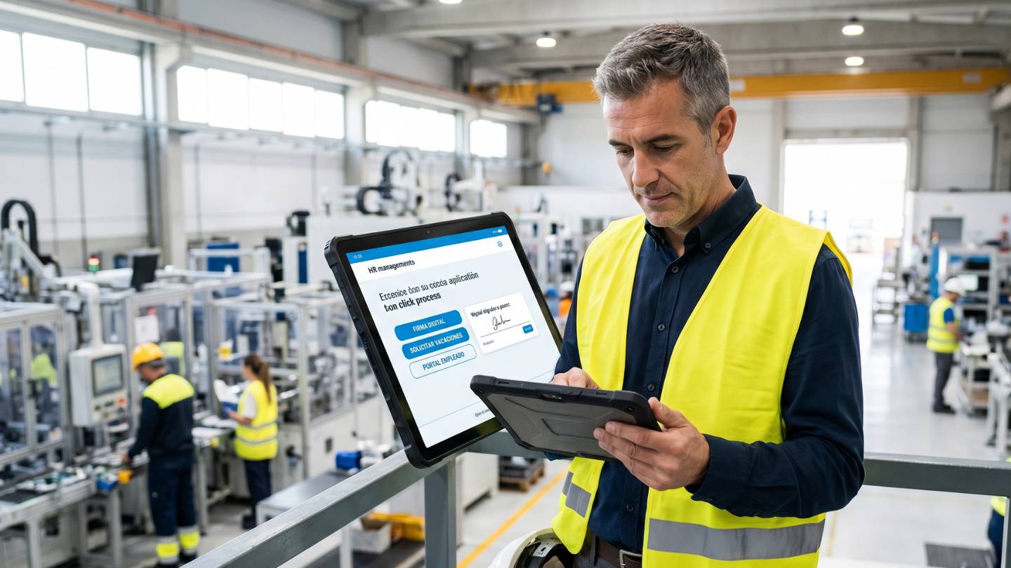 n/a responsable de planta o director/a de RRHH con vestimenta profesional t&eacute;cnica (por ejemplo, una camisa ejecutiva y un chaleco de alta visibilidad o en un entorno de taller moderno) sosteniendo una tablet.