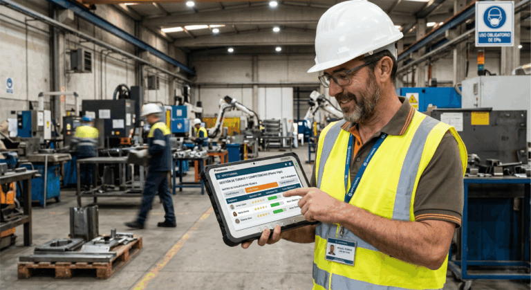 Se muestra a un responsable de planta utilizando una tablet en una fábrica activa, lo que refleja el enfoque industrial. La Plataforma en Acción: En la pantalla de la tablet se puede apreciar la interfaz de Apptitudinal, mostrando específicamente un módulo de "Gestión de Turnos y Competencias (Planta Vigo)".