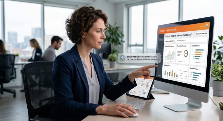 Profesional de RRHH consultando datos de talento en tiempo real con IA integrada en Caspio
