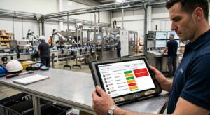 Una fotografía real de un entorno industrial moderno (una línea de producción o el centro de control de una planta). En primer plano, en lugar de un render, se muestra una tablet industrial o una pantalla de ordenador real donde se aprecia de forma clara e intuitiva un panel de control: cuadrantes visuales (trabajadores asignados a puestos, turnos y alertas visuales sencillas de cualificaciones vencidas). Transmite orden, claridad y digitalización a pie de fábrica.