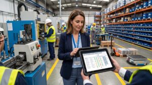 Directora de RRHH revisando en una tablet el panel de cualificaciones y EPIs de la planta