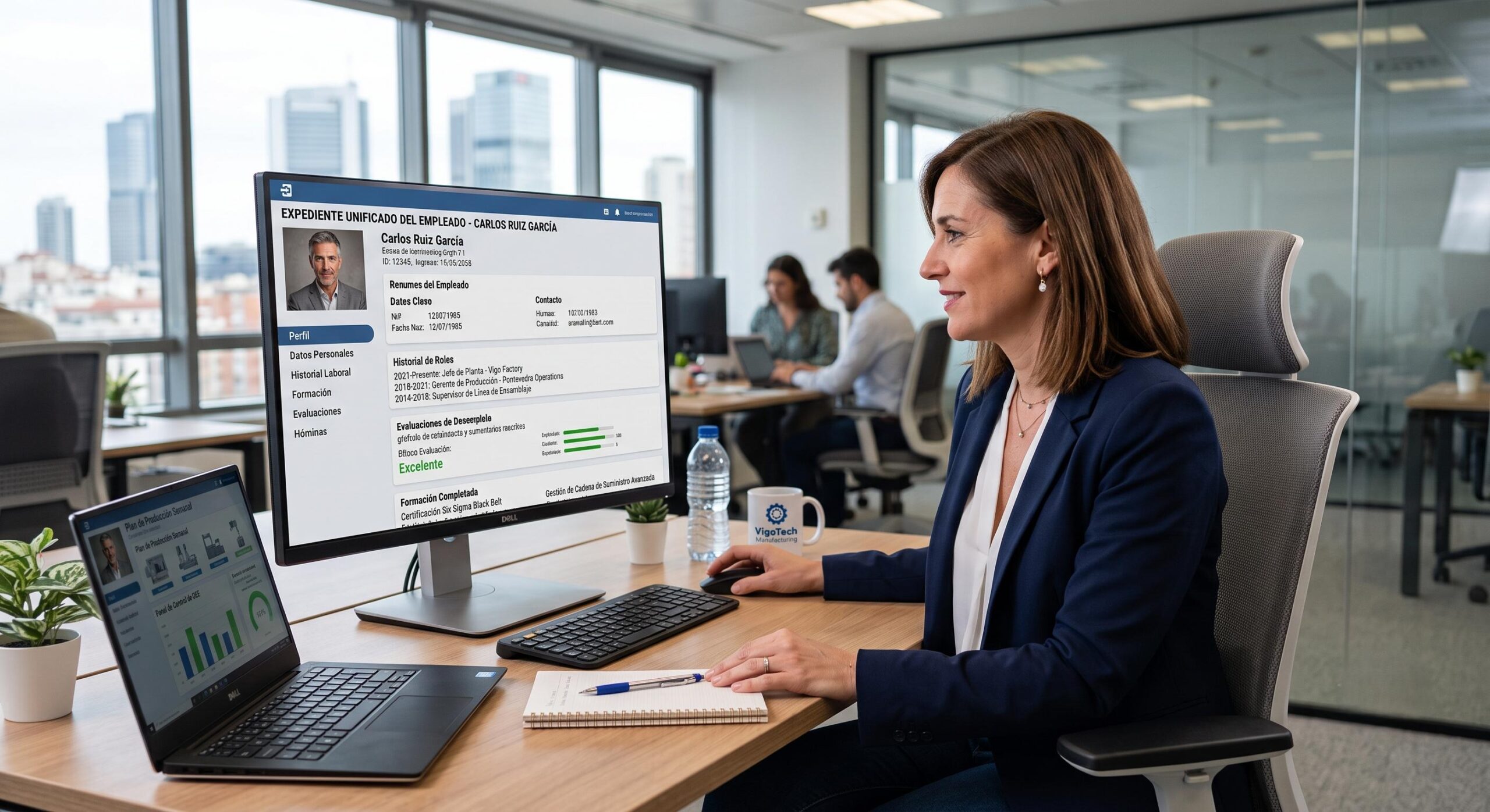 Directora de RRHH consultando expediente &uacute;nico centralizado del empleado en entorno industrial