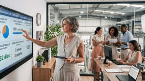 Directora de RRHH en despacho con vistas a planta industrial, revisando un panel digital con indicadores de cumplimiento (no un dashboard genérico de oficina). Sin figuras con EPI en primer plano.