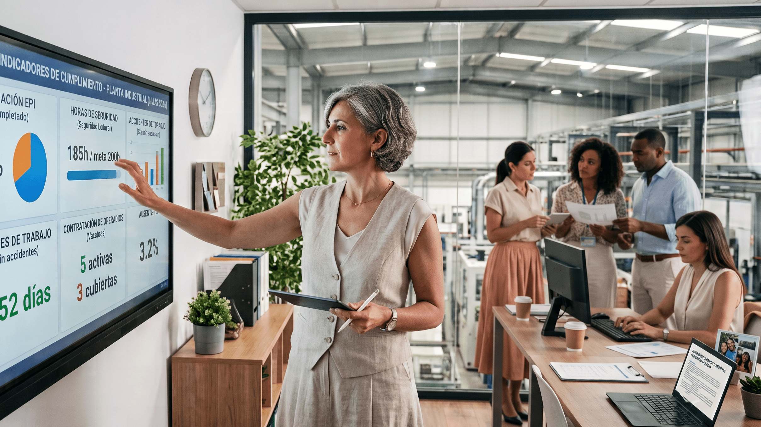 Directora de RRHH en despacho con vistas a planta industrial, revisando un panel digital con indicadores de cumplimiento (no un dashboard gen&eacute;rico de oficina). Sin figuras con EPI en primer plano.
