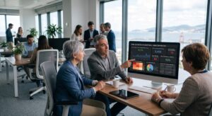 DRRHH o directivo corporativo consultando un panel de indicadores de absentismo multiplanta en tiempo real, en un entorno de oficina con vista a instalaciones industriales.