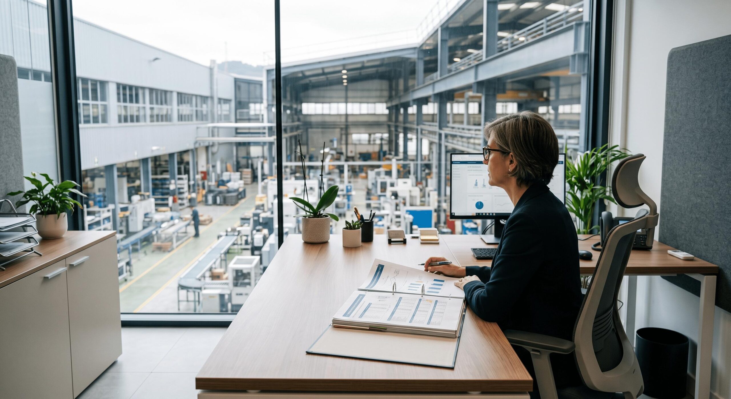 Directora de RRHH revisando datos de competencias t&eacute;cnicas en entorno industria